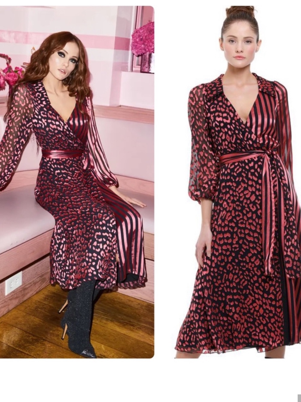 Alice + Olivia Abigail Wrap Dress in Rose Pink and Black Animal & Stripe, size 8